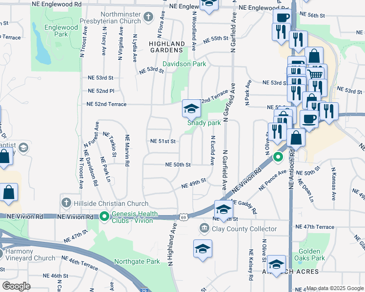 map of restaurants, bars, coffee shops, grocery stores, and more near 5019 North Highland Avenue in Kansas City