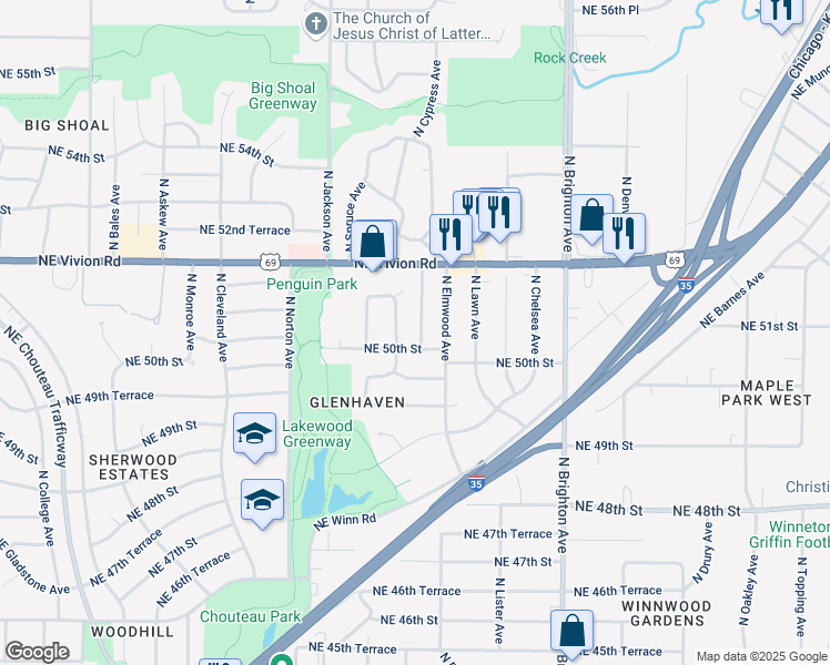 map of restaurants, bars, coffee shops, grocery stores, and more near 5010 North Cypress Avenue in Kansas City