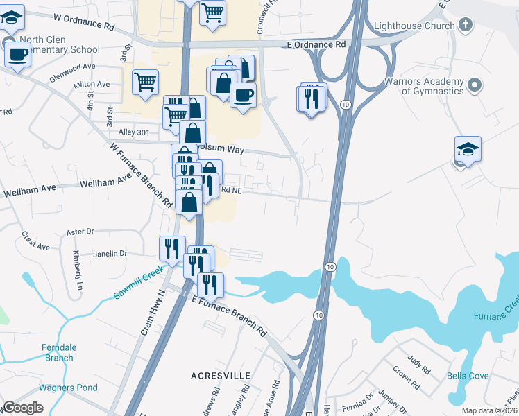 map of restaurants, bars, coffee shops, grocery stores, and more near 77 Dover Road Northeast in Glen Burnie