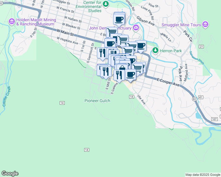 map of restaurants, bars, coffee shops, grocery stores, and more near 731 South Mill Street in Aspen