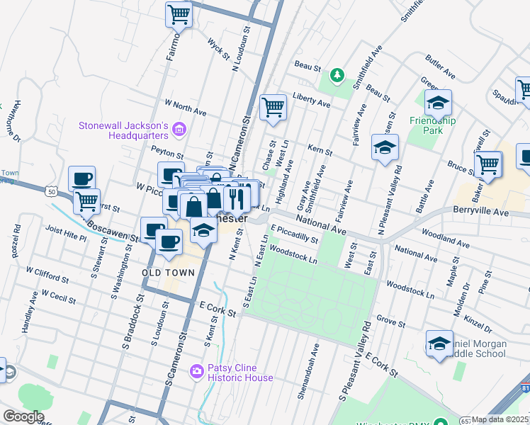 map of restaurants, bars, coffee shops, grocery stores, and more near 247 E Fairfax Ln in Winchester
