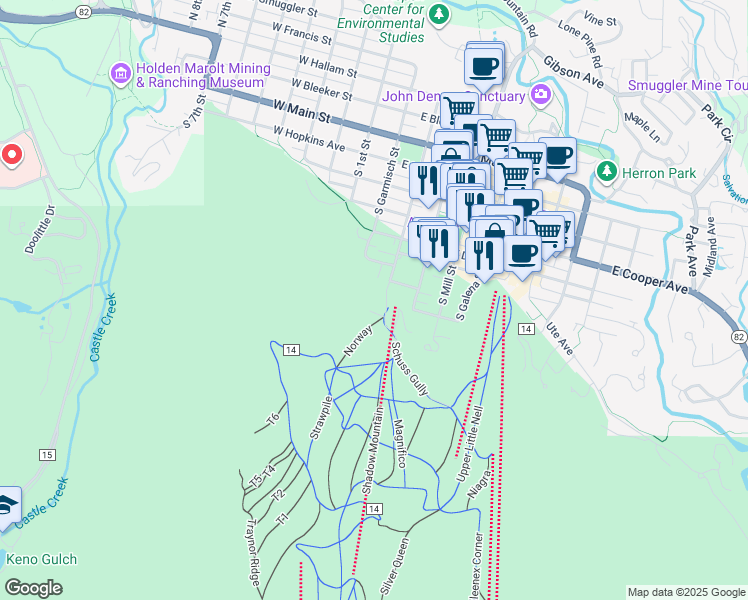 map of restaurants, bars, coffee shops, grocery stores, and more near 809 South Aspen Street in Aspen