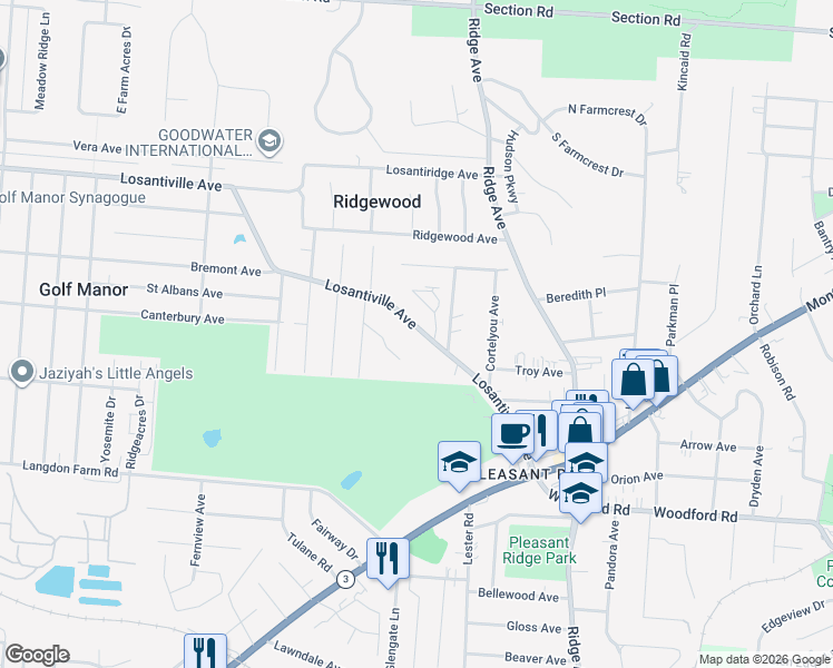 map of restaurants, bars, coffee shops, grocery stores, and more near 2883 Losantiville Avenue in Cincinnati