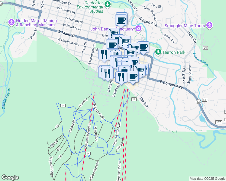 map of restaurants, bars, coffee shops, grocery stores, and more near 731 South Mill Street in Aspen