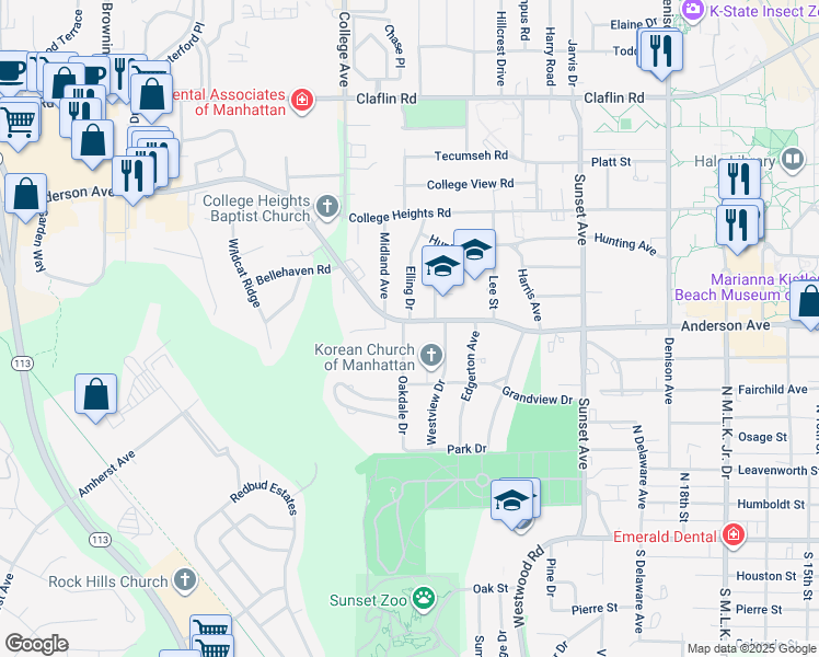 map of restaurants, bars, coffee shops, grocery stores, and more near 544 Oakdale Drive in Manhattan