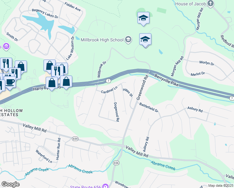 map of restaurants, bars, coffee shops, grocery stores, and more near 330 Dogwood Road in Winchester