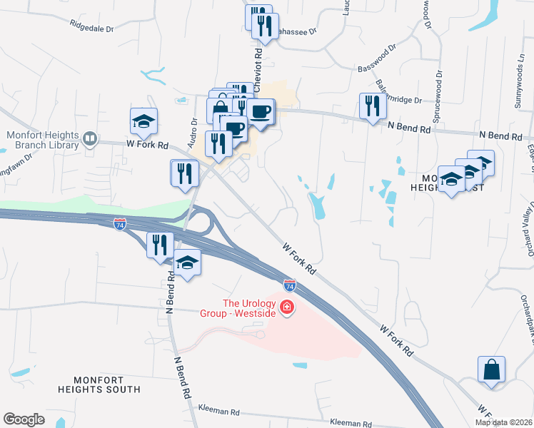 map of restaurants, bars, coffee shops, grocery stores, and more near 5319 Lees Crossing Drive in Cincinnati