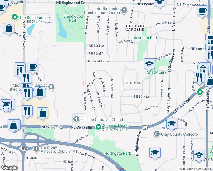 map of restaurants, bars, coffee shops, grocery stores, and more near 5033 Northeast Tarkio Street in Kansas City