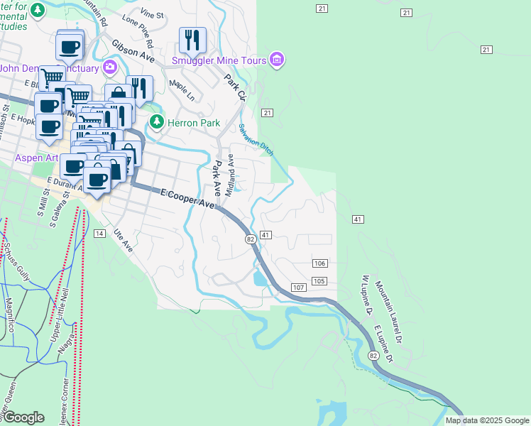 map of restaurants, bars, coffee shops, grocery stores, and more near 182 Mcskimming Rd in Aspen