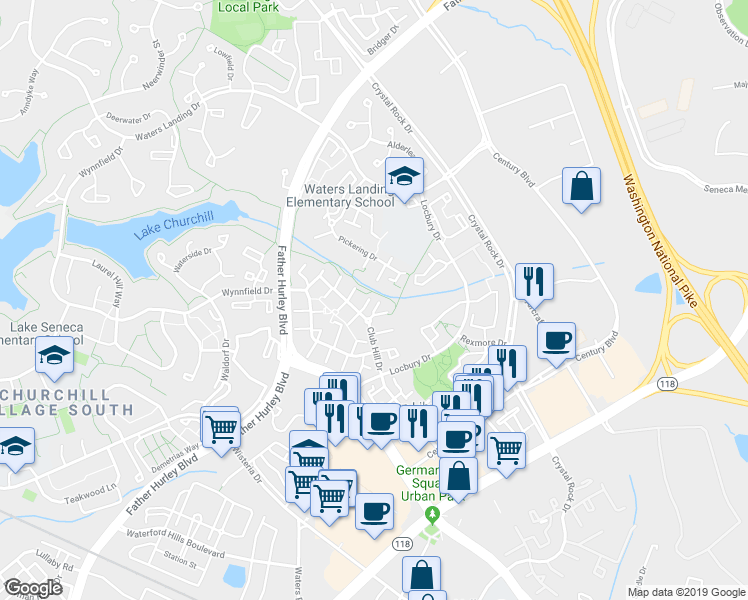 map of restaurants, bars, coffee shops, grocery stores, and more near 13105 Thackery Place in Germantown