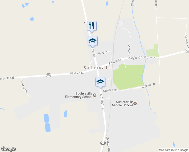 map of restaurants, bars, coffee shops, grocery stores, and more near 108 Church Circle in Sudlersville