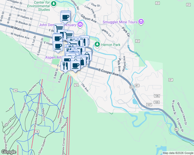 map of restaurants, bars, coffee shops, grocery stores, and more near 929 East Durant Avenue in Aspen
