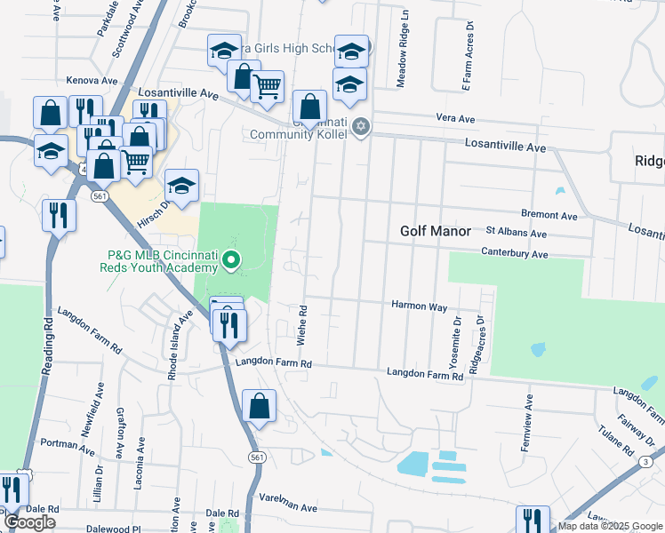 map of restaurants, bars, coffee shops, grocery stores, and more near 6245 Stover Avenue in Cincinnati