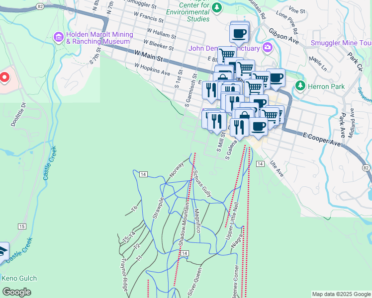 map of restaurants, bars, coffee shops, grocery stores, and more near 809 South Aspen Street in Aspen