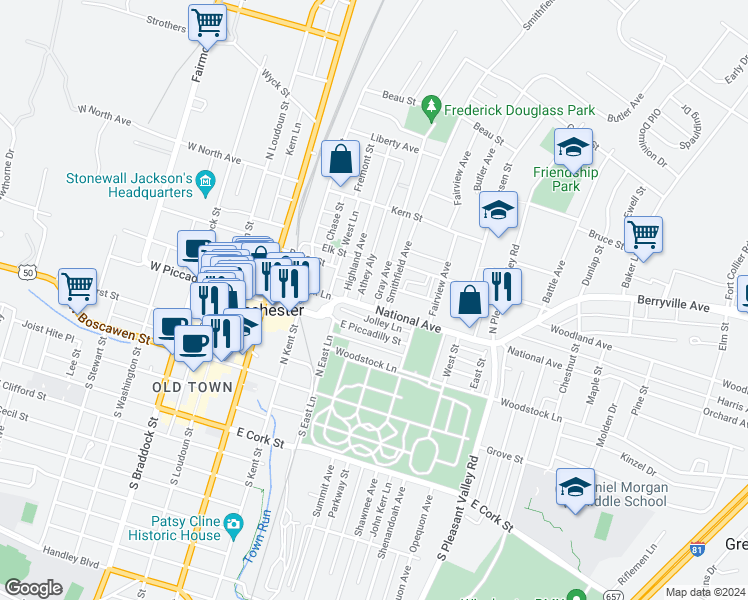 map of restaurants, bars, coffee shops, grocery stores, and more near 340 National Avenue in Winchester