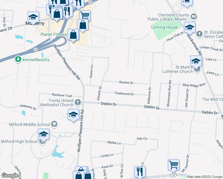 map of restaurants, bars, coffee shops, grocery stores, and more near 1168 Teakwood Dr in Milford