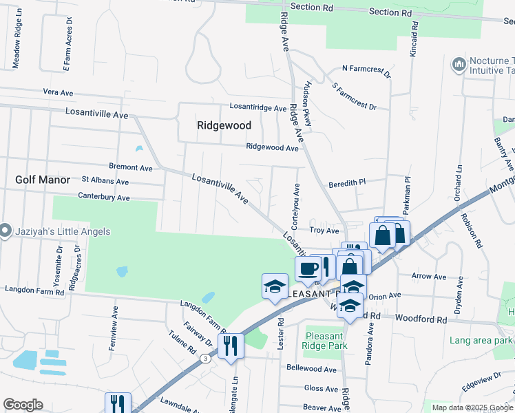 map of restaurants, bars, coffee shops, grocery stores, and more near 2896 Losantiville Avenue in Cincinnati