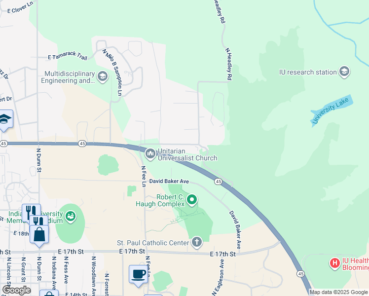 map of restaurants, bars, coffee shops, grocery stores, and more near 1604 East Matlock Road in Bloomington