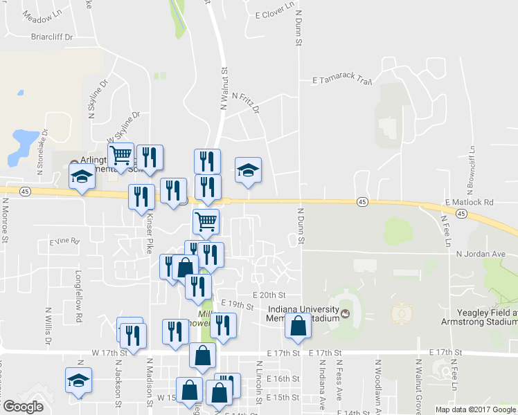 map of restaurants, bars, coffee shops, grocery stores, and more near 300 East Matlock Road in Bloomington