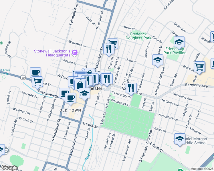 map of restaurants, bars, coffee shops, grocery stores, and more near 247 East Fairfax Lane in Winchester