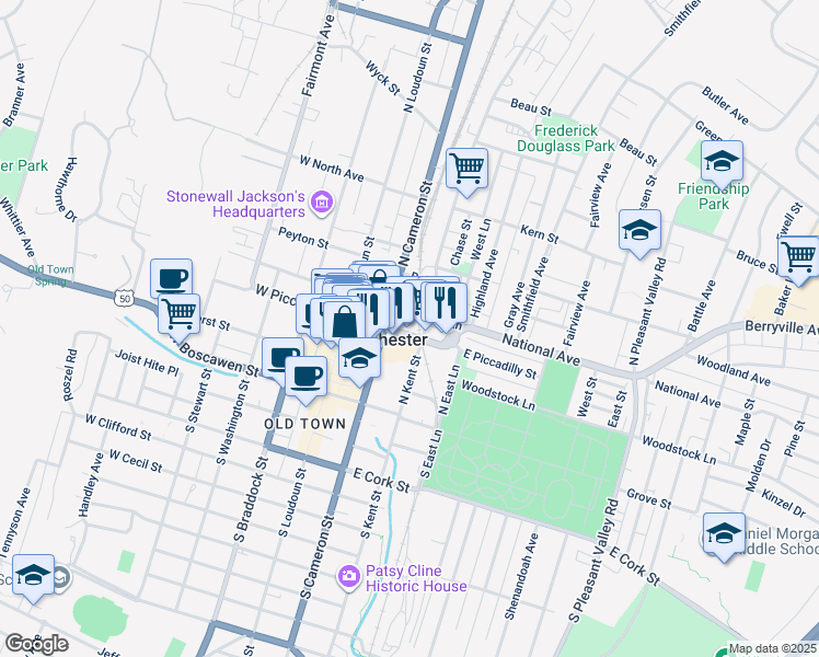 map of restaurants, bars, coffee shops, grocery stores, and more near 126 East Piccadilly Street in Winchester