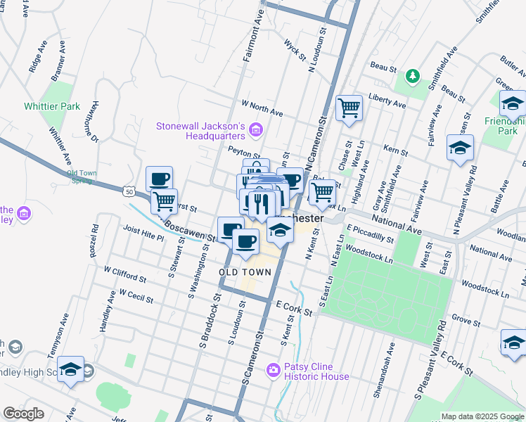 map of restaurants, bars, coffee shops, grocery stores, and more near 119 North Loudoun Street in Winchester