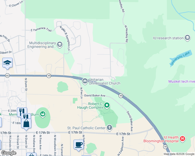 map of restaurants, bars, coffee shops, grocery stores, and more near 1504 East Matlock Road in Bloomington