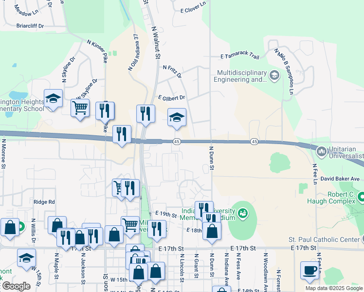 map of restaurants, bars, coffee shops, grocery stores, and more near 300 East Matlock Road in Bloomington