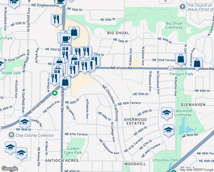 map of restaurants, bars, coffee shops, grocery stores, and more near 4984 Northeast Chouteau Drive in Kansas City