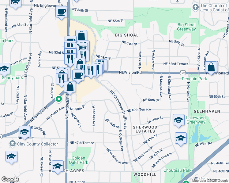 map of restaurants, bars, coffee shops, grocery stores, and more near 4984 Northeast Chouteau Drive in Kansas City