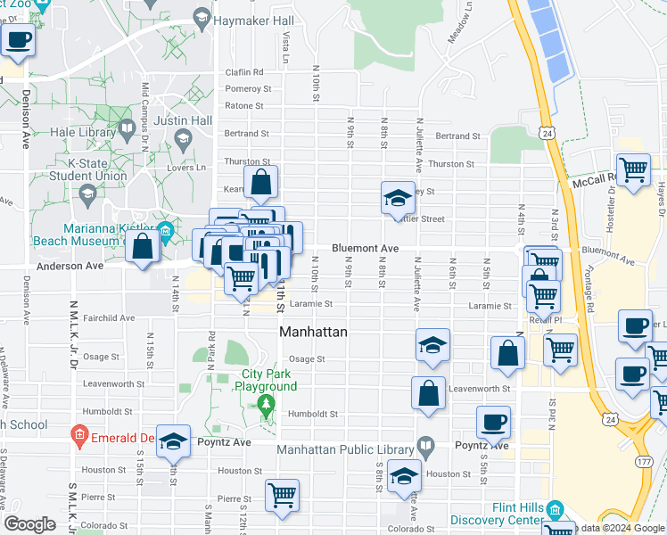 map of restaurants, bars, coffee shops, grocery stores, and more near 701 North 9th Street in Manhattan