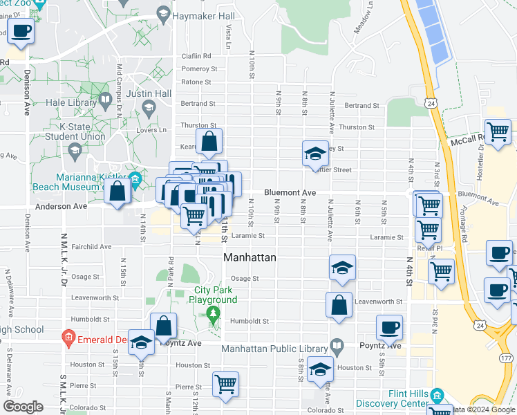 map of restaurants, bars, coffee shops, grocery stores, and more near 923 Bluemont Avenue in Manhattan