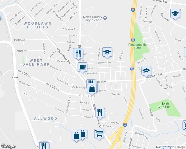 map of restaurants, bars, coffee shops, grocery stores, and more near 100 Proctor Court in Glen Burnie