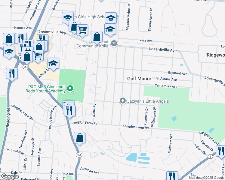 map of restaurants, bars, coffee shops, grocery stores, and more near 6247 Elbrook Avenue in Cincinnati