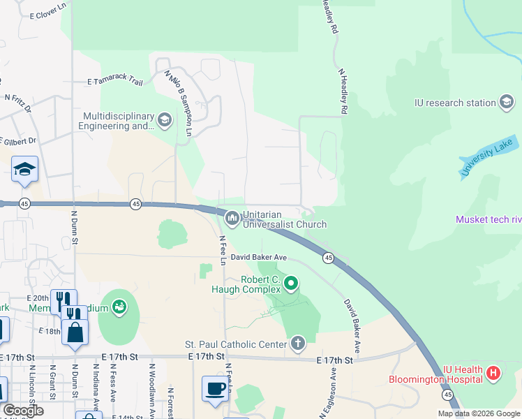 map of restaurants, bars, coffee shops, grocery stores, and more near 1504 East Matlock Road in Bloomington