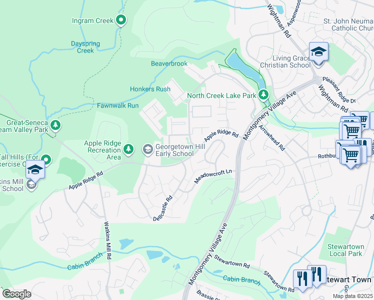 map of restaurants, bars, coffee shops, grocery stores, and more near 9912 Tambay Court in Gaithersburg