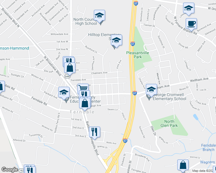map of restaurants, bars, coffee shops, grocery stores, and more near 111 Baltimore Avenue in Glen Burnie