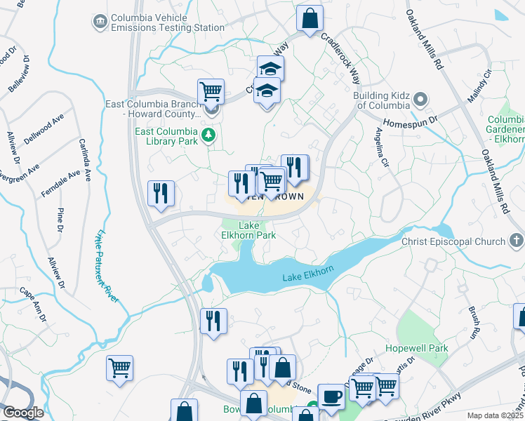 map of restaurants, bars, coffee shops, grocery stores, and more near 7222 Cradlerock Way in Columbia