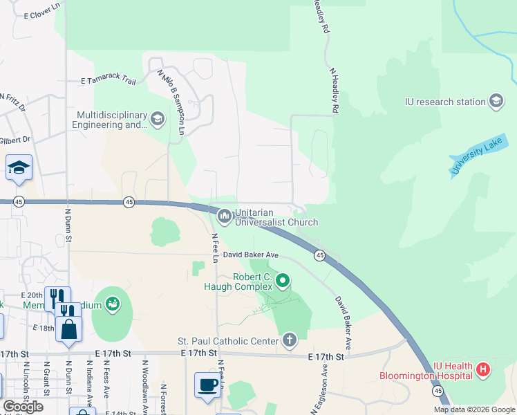 map of restaurants, bars, coffee shops, grocery stores, and more near 1504 East Matlock Road in Bloomington