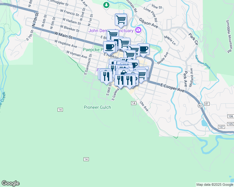 map of restaurants, bars, coffee shops, grocery stores, and more near 626 South Galena Street in Aspen