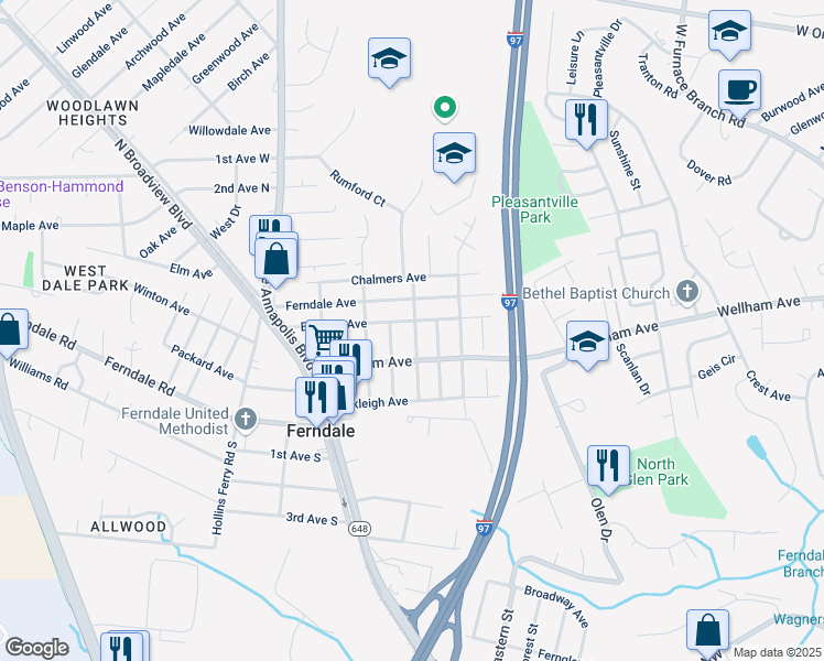 map of restaurants, bars, coffee shops, grocery stores, and more near 110a Baltimore Avenue in Glen Burnie