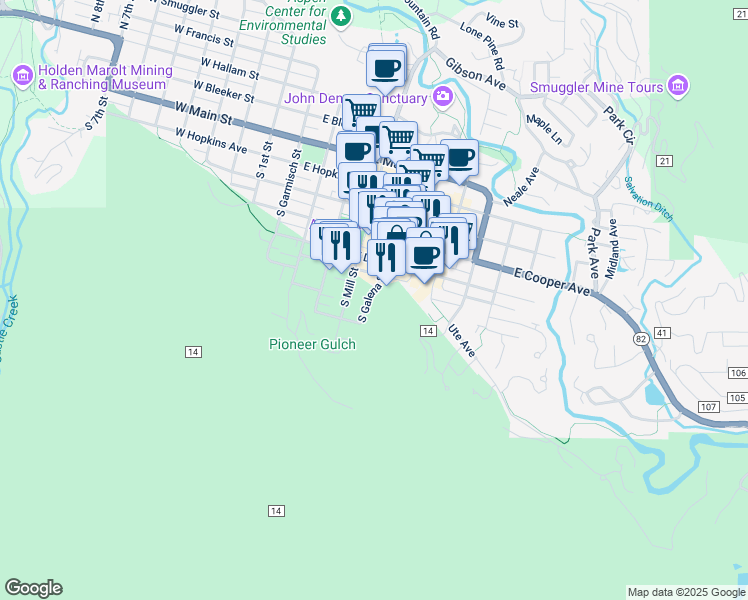 map of restaurants, bars, coffee shops, grocery stores, and more near 626 South Galena Street in Aspen