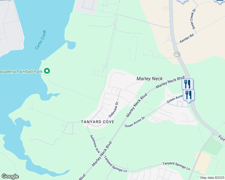 map of restaurants, bars, coffee shops, grocery stores, and more near 7211 Hartley Lane in Glen Burnie