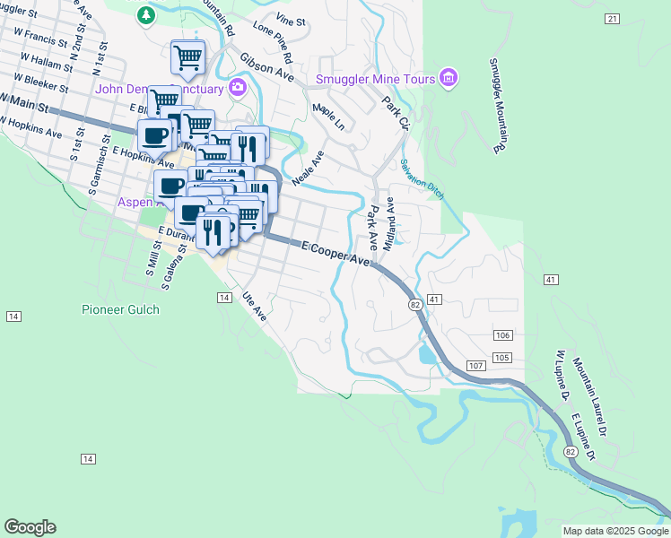map of restaurants, bars, coffee shops, grocery stores, and more near 1039 East Cooper Avenue in Aspen