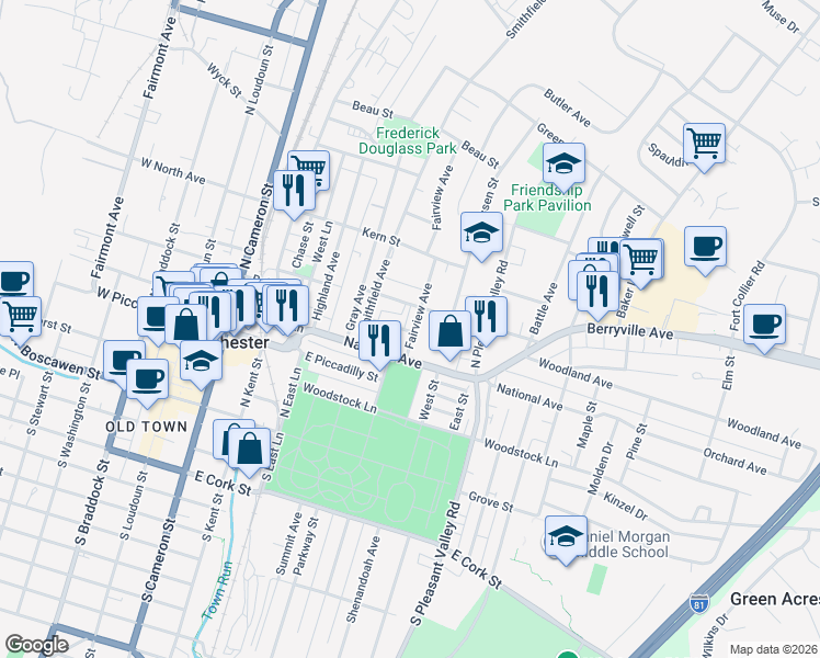 map of restaurants, bars, coffee shops, grocery stores, and more near 329 Fairview Avenue in Winchester