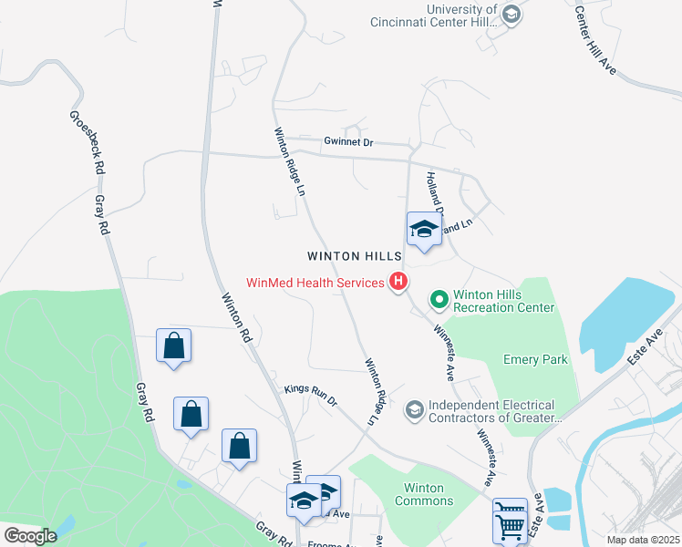 map of restaurants, bars, coffee shops, grocery stores, and more near 5212 Winton Ridge Lane in Cincinnati