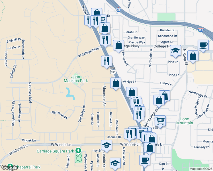 map of restaurants, bars, coffee shops, grocery stores, and more near 693 West Nye Lane in Carson City