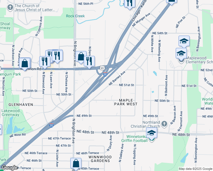 map of restaurants, bars, coffee shops, grocery stores, and more near 5400 Northeast Barnes Avenue in Kansas City