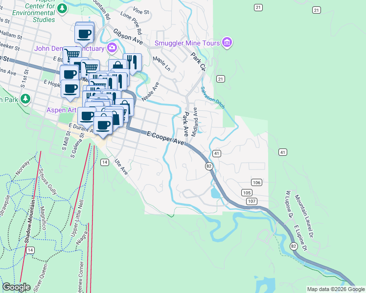 map of restaurants, bars, coffee shops, grocery stores, and more near 1195 East Cooper Avenue in Aspen
