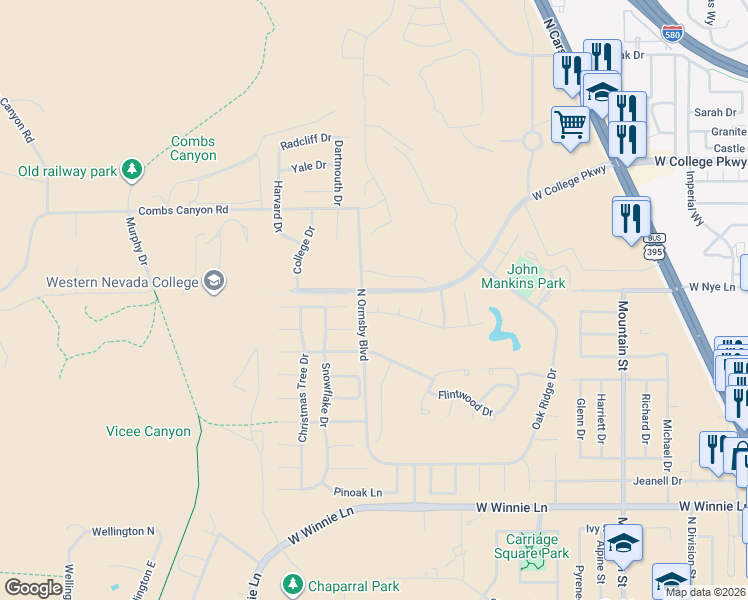 map of restaurants, bars, coffee shops, grocery stores, and more near in Carson City